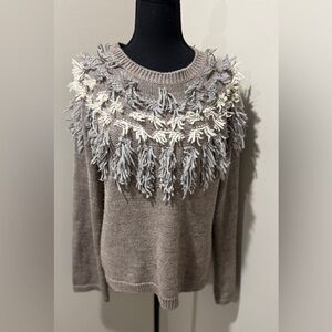 Amadi Anthropology Icelandic fringe Sweater Cozy, textured,‎ boho aesthetic